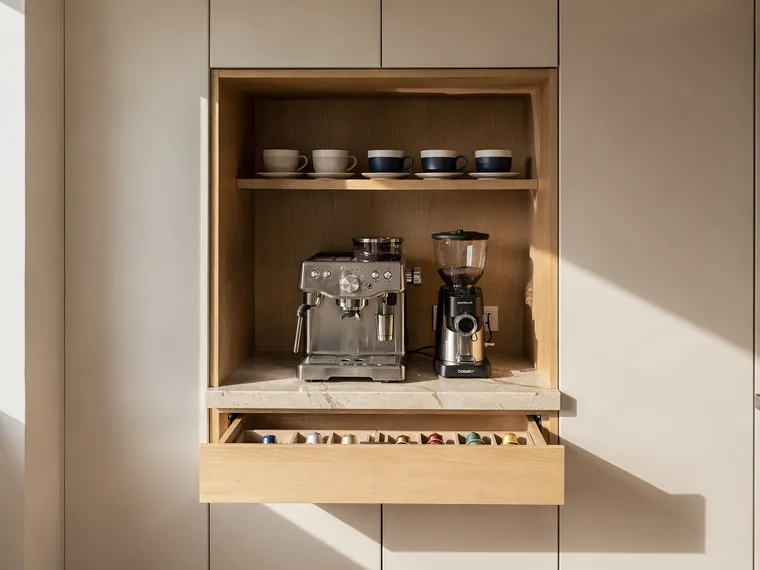 Mutfak içinde niş olarak kurulmuş kahve köşesi; espresso makinesi, öğütücü ve kapsül çekmecesi